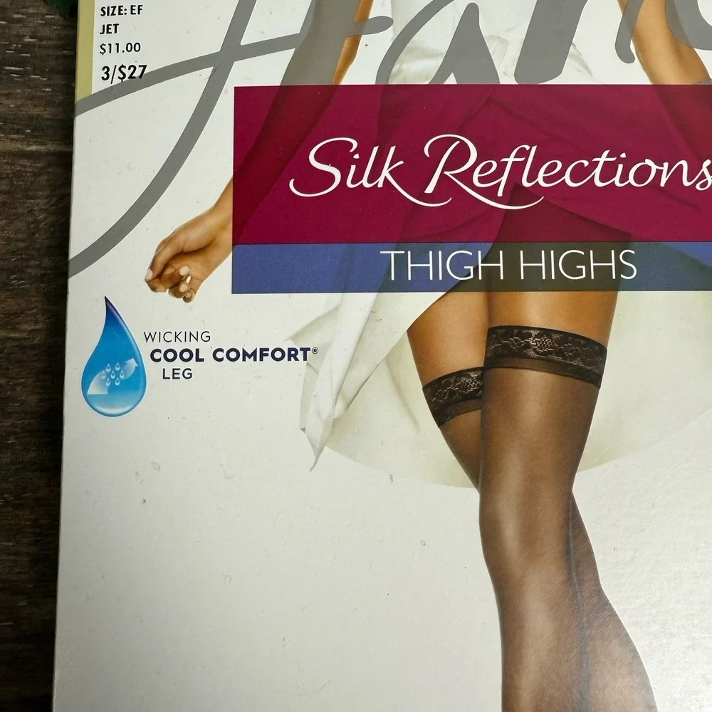 Hanes Silk Reflections Thigh Highs Jet Black EF Silky Sheer Hosiery NOS Lace
